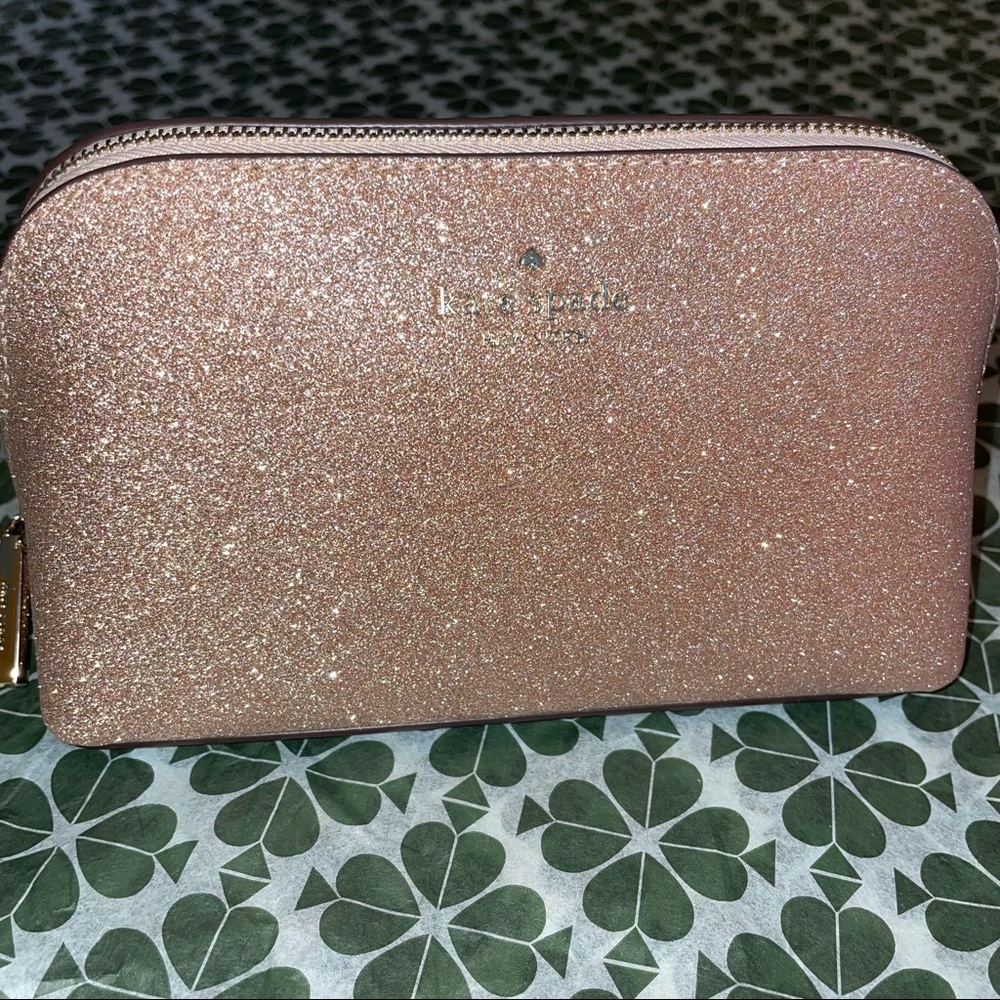 MAKE AN OFFER Kate Spade Shimmy Glitter Rose Gold Small Cosmetic Case Bag Travel